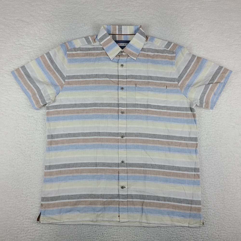 32 Bar Blues Shirt Mens XL Blue Brown Striped Preppy Button Up Linen Cotton